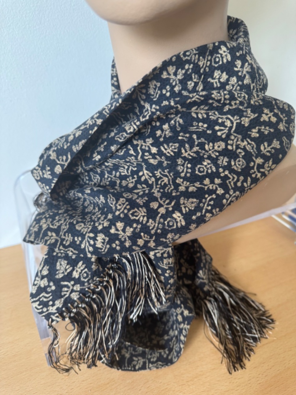 Barneys New York Black Gold Floral Fringe Scarf Wrap Shawl 12x60 NWT